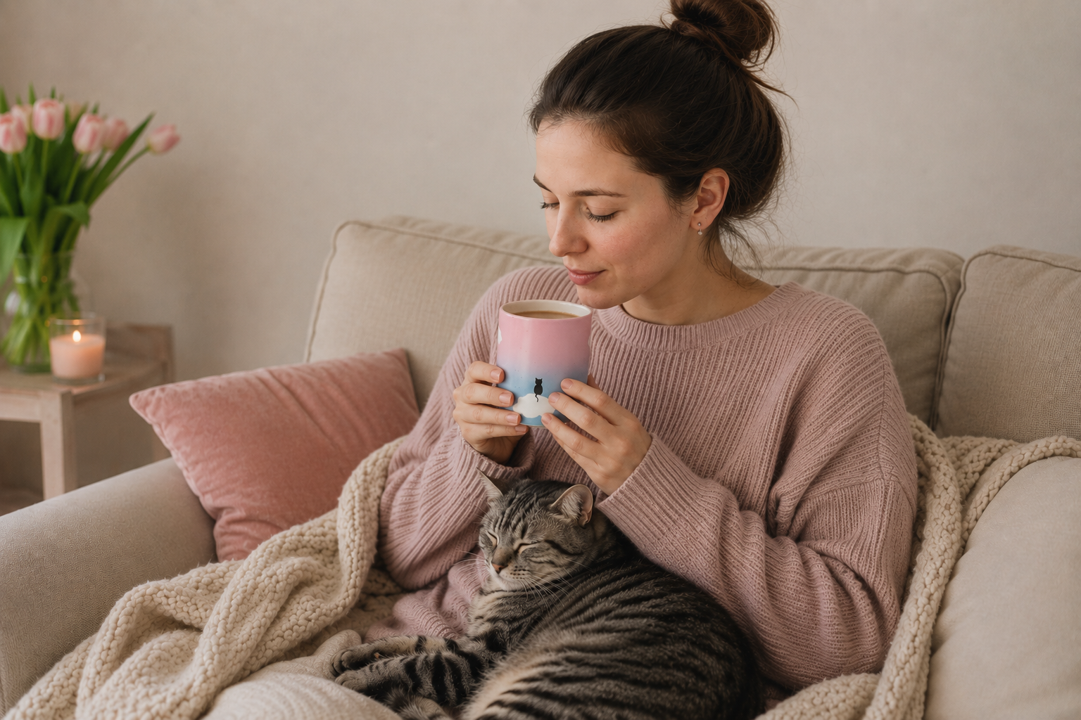 Eine junge Frau verbringt eine gemütlichen Abend mit ihrer Katze auf der Couch. Sie genießt eine Tasse Kaffee aus einem Becher der eggbackhome Cloud Collection mit Katzenmotiv