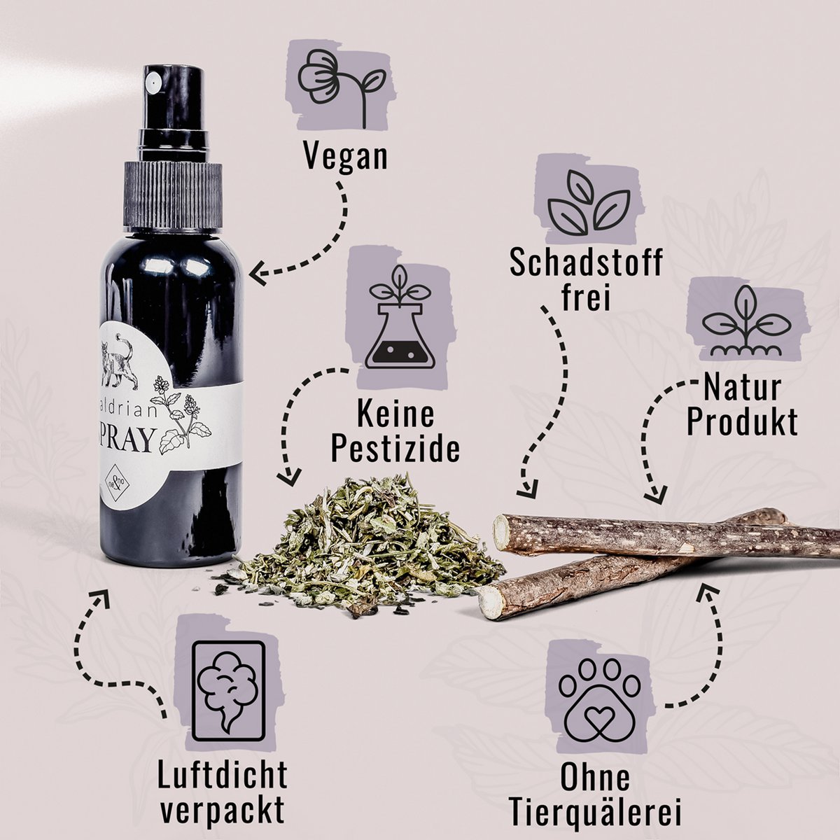 Geschenkset Katzen-Wohlfühlkräuter: Katzenminze + Baldrian Spray + Matatabi Sticks