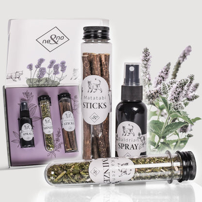 Geschenkset Katzen-Wohlfühlkräuter: Katzenminze + Baldrian Spray + Matatabi Sticks