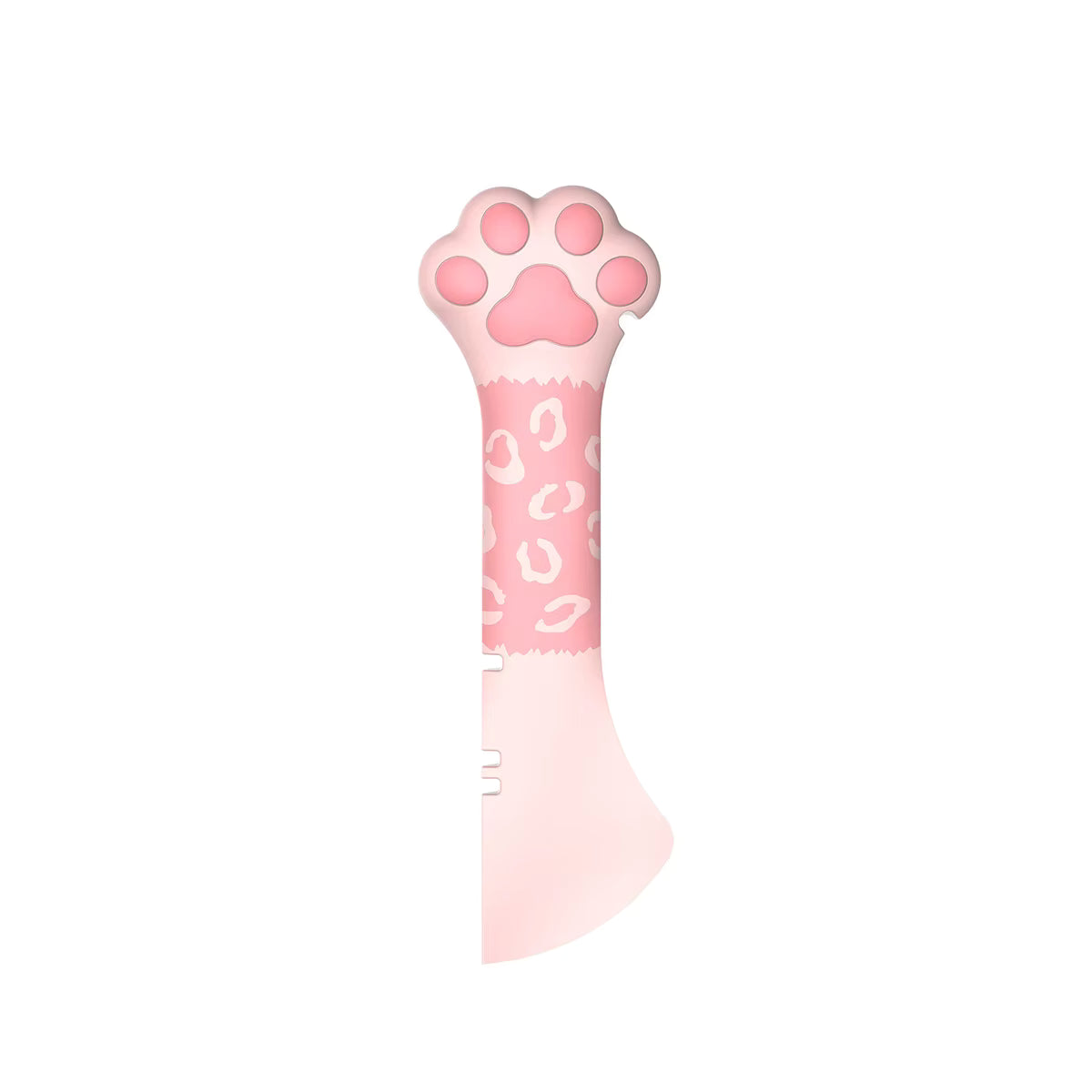 Der Futterlöffel in Pfotenform in rosa mit Leopardenmuster.
