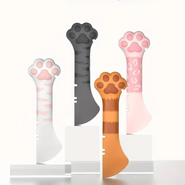 Dosenöffner und Katzenfutterlöffel in vier Farben: weiß, grau, orange und rosa