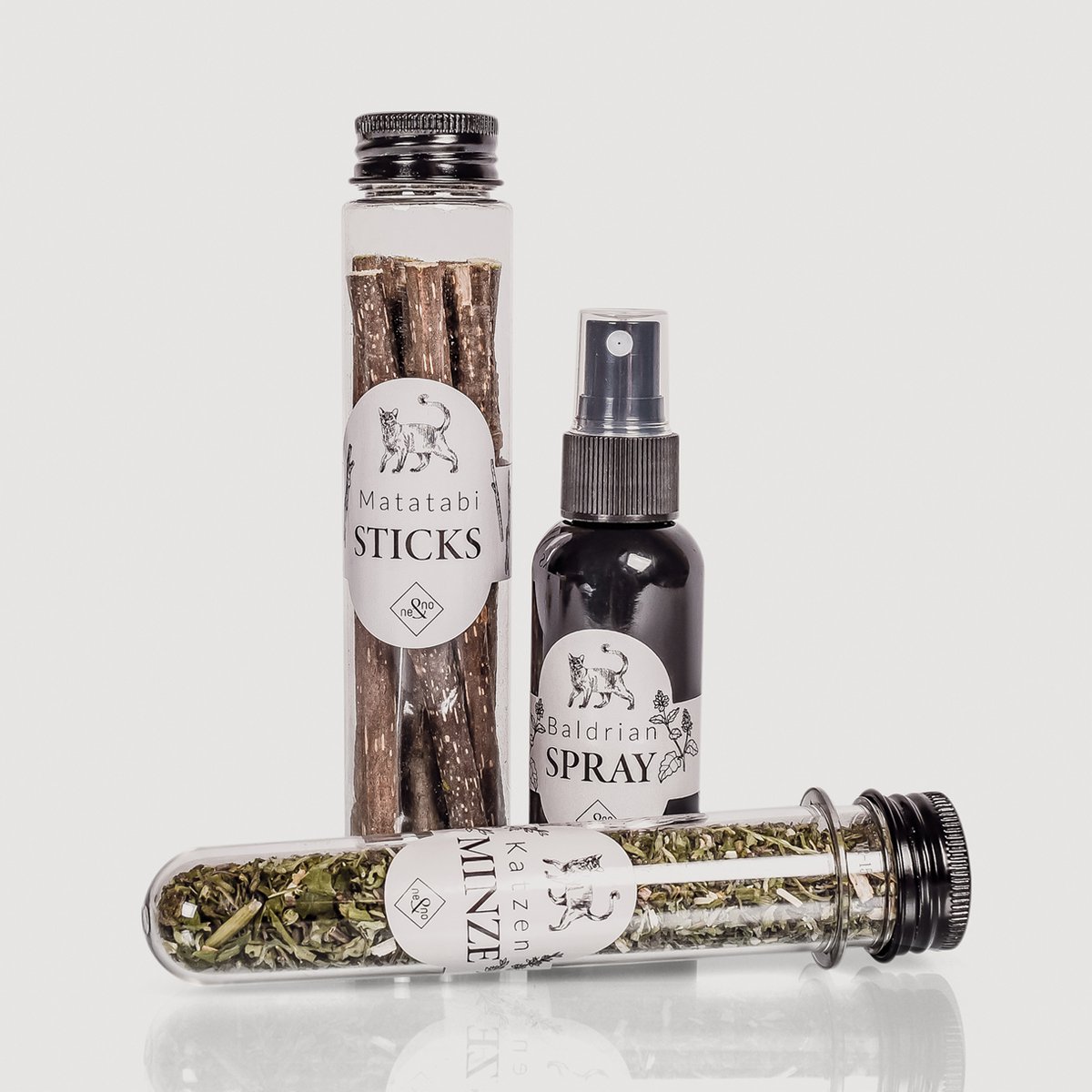 Geschenkset Katzen-Wohlfühlkräuter: Katzenminze + Baldrian Spray + Matatabi Sticks
