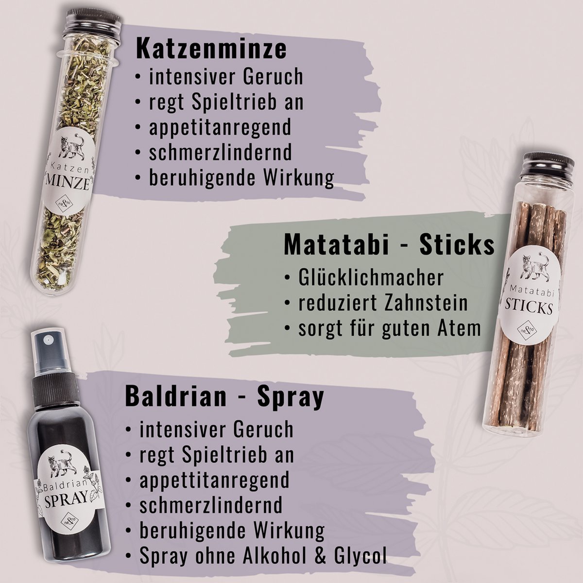 Geschenkset Katzen-Wohlfühlkräuter: Katzenminze + Baldrian Spray + Matatabi Sticks
