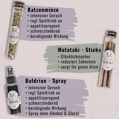 Geschenkset Katzen-Wohlfühlkräuter: Katzenminze + Baldrian Spray + Matatabi Sticks