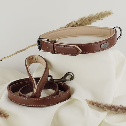 Halsband und Leine im Set aus veganem Leder Dunkelbraun/Beige